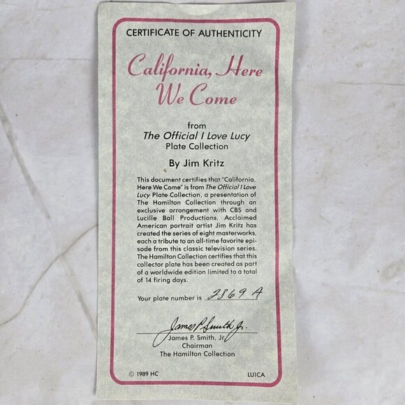 The Hamilton Collection I Love Lucy Plate "California, Here We Come" J Kritz COA - Picture 7 of 10